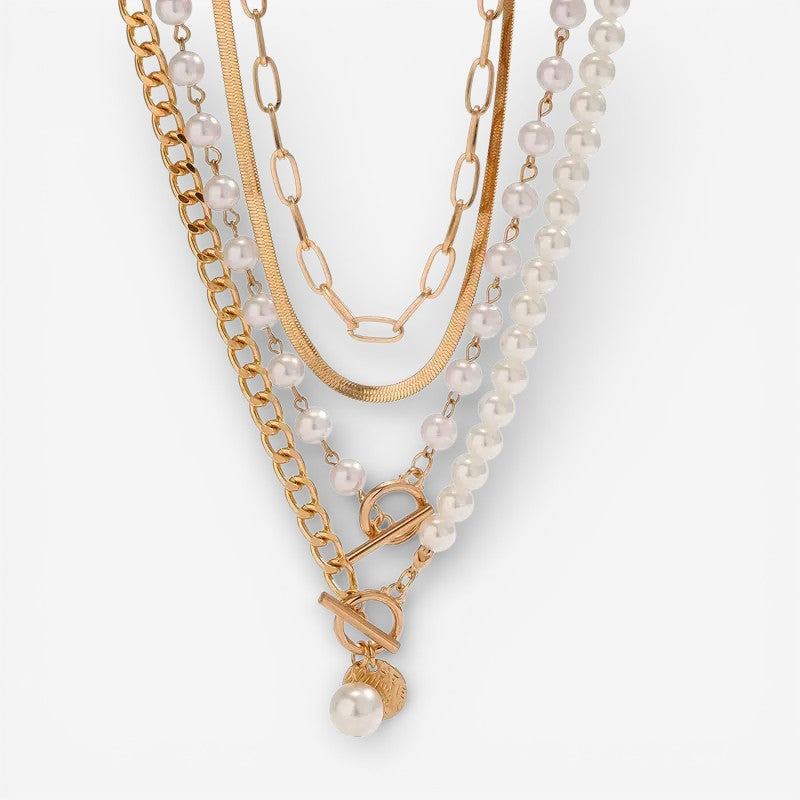 Rozália – Vintage nyaklánc szett gyöngyökkel és arany kígyólánccal